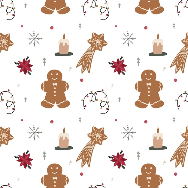 Navidad de patrones sin fisuras con árbol copo de nieve regalo guirnalda galletas poinsettia y vela Vector
