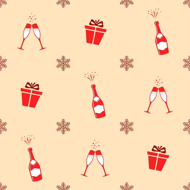 Navidad de patrones sin fisuras. Botellas de champán de color rojo, copas con champán, cajas de regalo