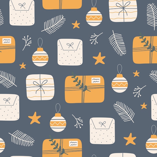 Navidad de patrones sin fisuras con cajas de regalo, ramas, juguetes, bayas y estrellas sobre fondo azul.