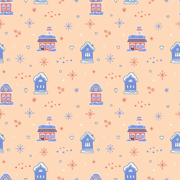 Vector navidad de patrones sin fisuras casa azul y rosa handdrawn y copo de nieve sobre un fondo beige