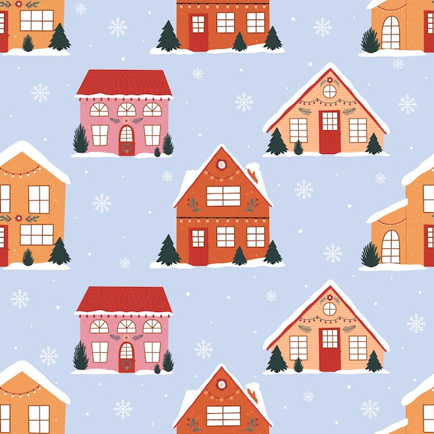 Navidad de patrones sin fisuras con casas de estilo doodle