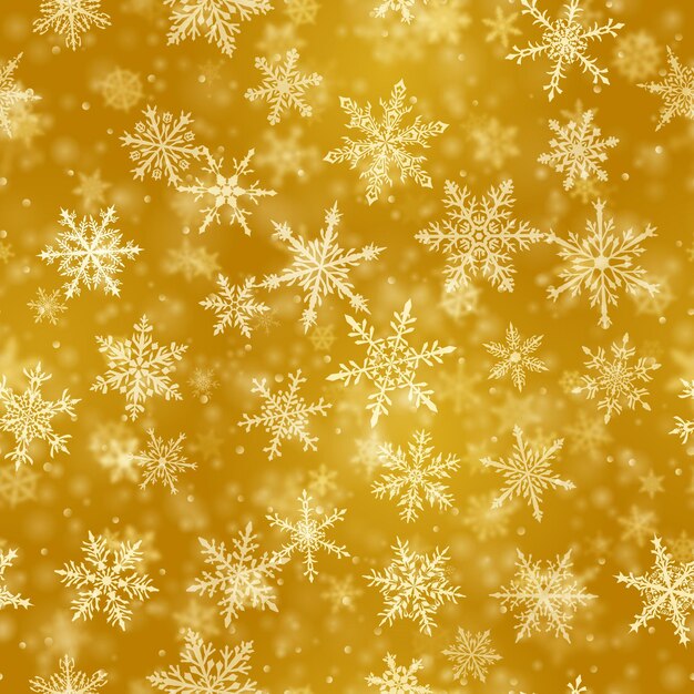 Navidad de patrones sin fisuras de complejos copos de nieve cayendo borrosos y claros en colores amarillos con efecto bokeh