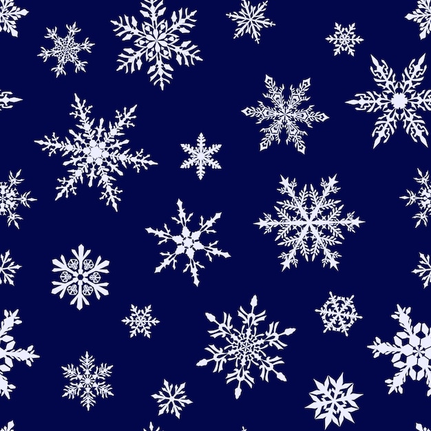 Navidad de patrones sin fisuras de complejos copos de nieve grandes y pequeños en colores blancos sobre fondo azul.