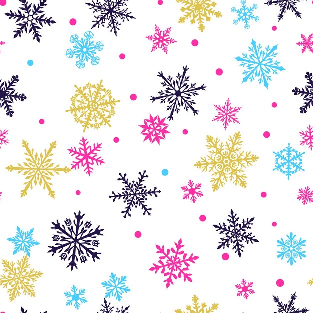 Navidad de patrones sin fisuras de complejos copos de nieve multicolores grandes y pequeños sobre fondo blanco.