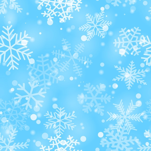 Navidad de patrones sin fisuras de copos de nieve de diferentes formas, tamaños y transparencia en colores azul claro