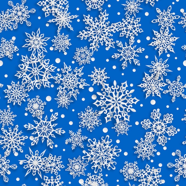 Navidad de patrones sin fisuras de copos de nieve de papel con sombras suaves sobre fondo azul.