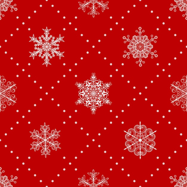 Navidad de patrones sin fisuras de copos de nieve y puntos, blanco sobre rojo