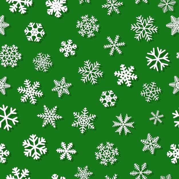 Navidad de patrones sin fisuras de copos de nieve con sombras, blanco sobre fondo verde