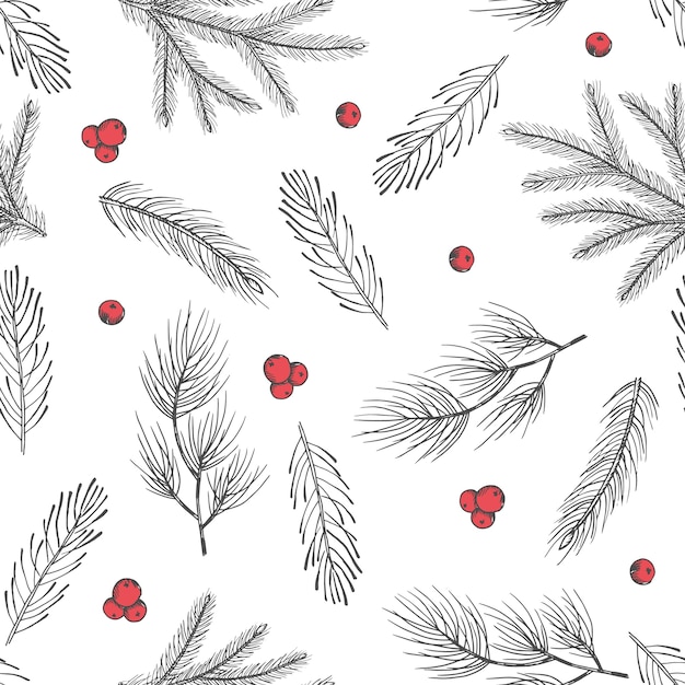 Navidad de patrones sin fisuras con decoraciones para árboles de Navidad, ramas de pino dibujado a mano ilustración de vector de diseño de arte