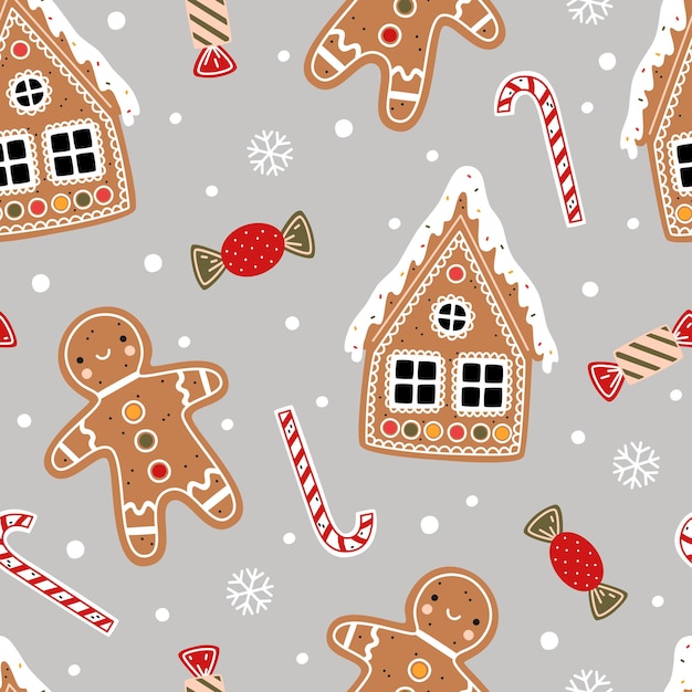 Navidad de patrones sin fisuras. Hombre de pan de jengibre, bastón de caramelo, casa de pan de jengibre, caramelos, copos de nieve sobre un fondo gris