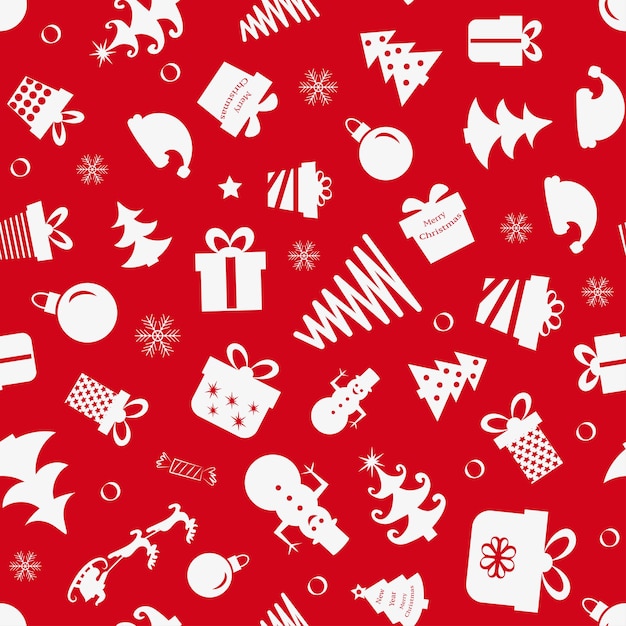 Navidad de patrones sin fisuras de iconos sobre fondo rojo en estilo plano