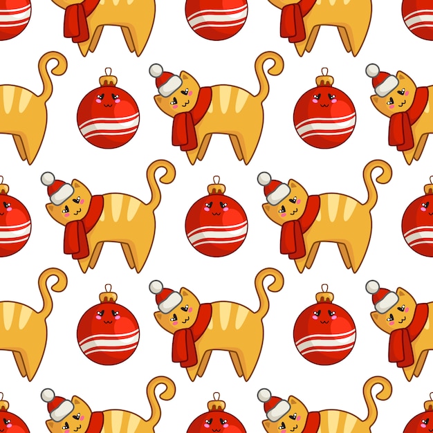 Navidad de patrones sin fisuras con kawaii gato rojo o gatito vestido con gorro de santa y bufanda, bolas decorativas