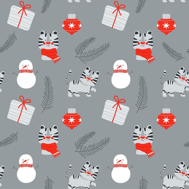 Navidad de patrones sin fisuras con lindo tigre muñeco de nieve abeto ramita regalo ilustración vectorial