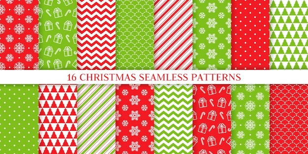 Navidad de patrones sin fisuras. Navidad, fondo de año nuevo. . Textura sin fin con presente, copo de nieve, raya de bastón de caramelo, lunares, árbol. Impresión para envolver papel textil web. Ilustración verde rojo