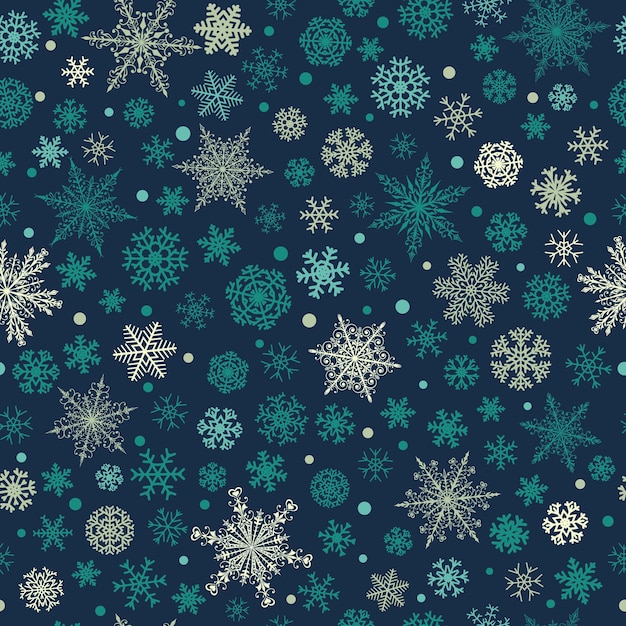 Navidad de patrones sin fisuras de varios copos de nieve grandes y pequeños complejos, blanco sobre fondo azul