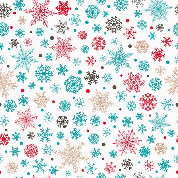 Navidad de patrones sin fisuras de varios copos de nieve grandes y pequeños complejos, multicolor sobre fondo blanco.