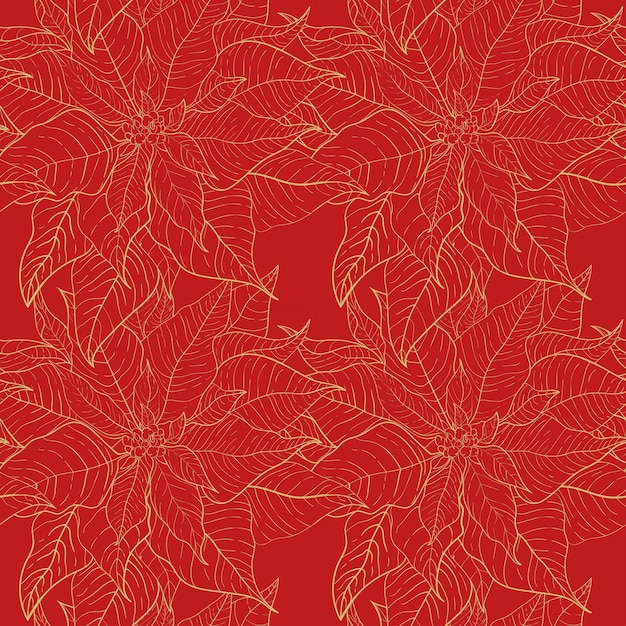 Navidad Poinsettia rojo de patrones sin fisuras para decoraciones de celebración. Hojas rojas con línea dorada sobre un fondo rojo navideño. Diseño para envases navideños y papel de regalo o textiles.