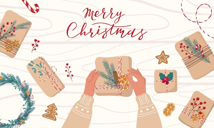Vector navidad preparando fondo horizontal diferentes regalos en envases ecológicos con naturales