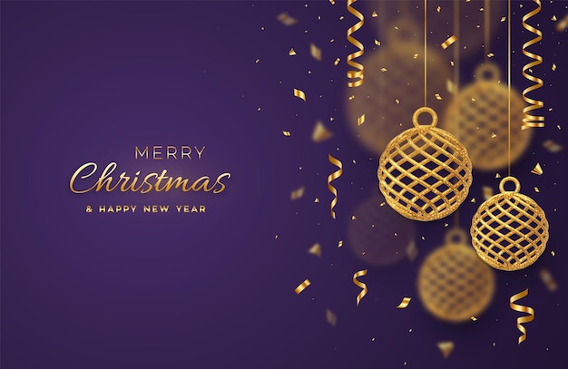 Navidad realista en 3D que cuelga bolas metálicas doradas con confeti cayendo sobre fondo púrpura
