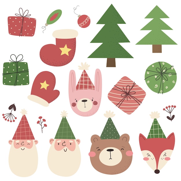 Vector navidad con regalos de animales gnomos en estilo de dibujos animados planos