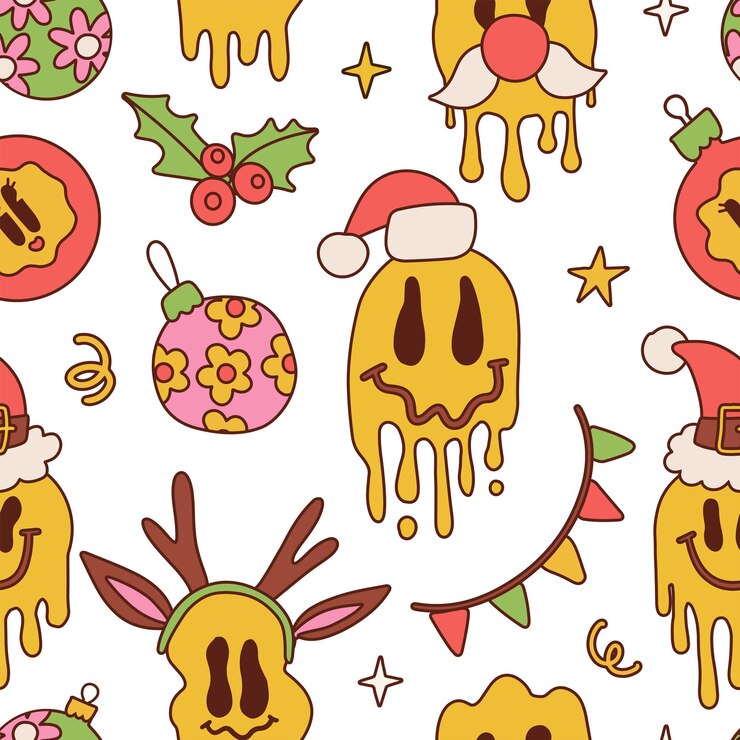 Vector navidad retro de patrones sin fisuras con maravillosa sonrisa cara bolas de acebo estrellas sobre fondo blanco vint