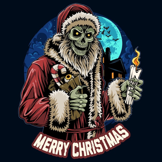 navidad, santa claus, cráneo, zombi, tenencia, vela, en, medianoche