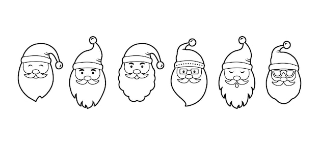 Navidad Santa Claus línea cara iconos, personaje de dibujos animados, conjunto de año nuevo, ilustración de vacaciones