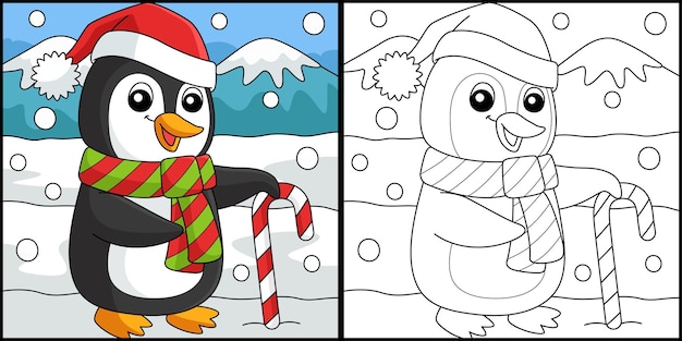 Navidad santa pingüino para colorear página ilustración