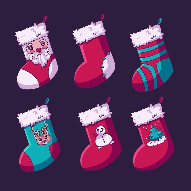 Navidad set vector calcetines infantiles con la imagen de personajes santa, muñeco de nieve, ciervo, árbol de navidad.