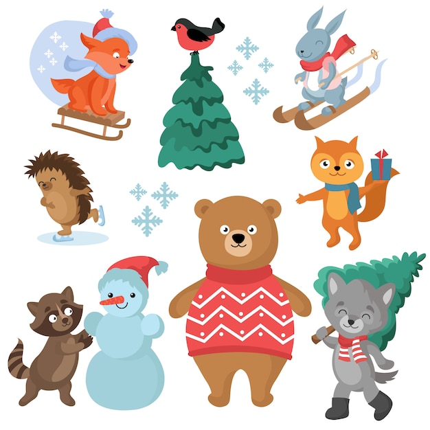 Navidad y vacaciones de invierno divertidos animales vector colección