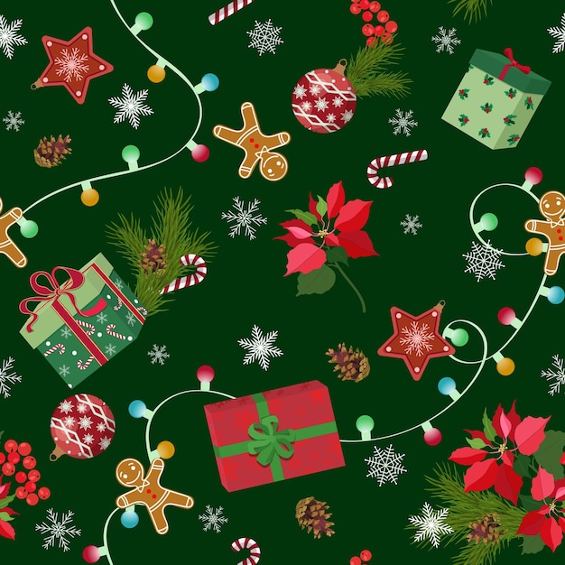 Navidad, vector, patrón, con, bastones de caramelo, pan de jengibre, guirnalda, y, regalos, plano de fondo, para, papel de regalo, tela, impresión, tarjetas de felicitación, diseño