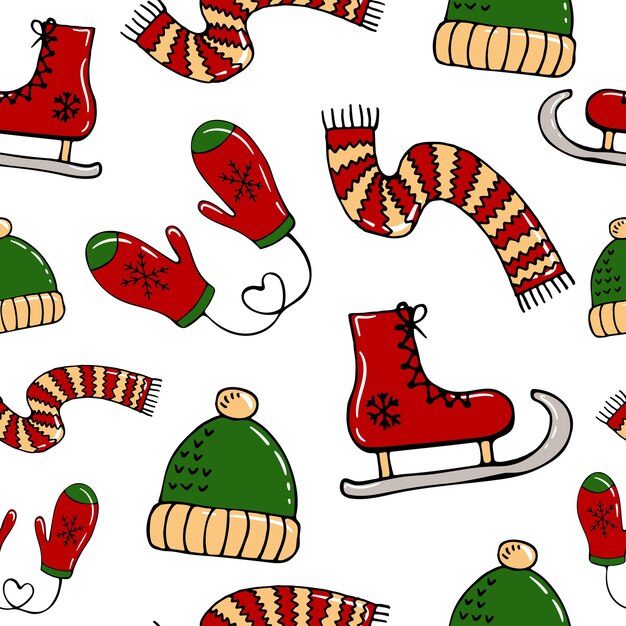 Navidad vector de patrones sin fisuras mitones sombrero patines bufanda fondo año nuevo textura colorida