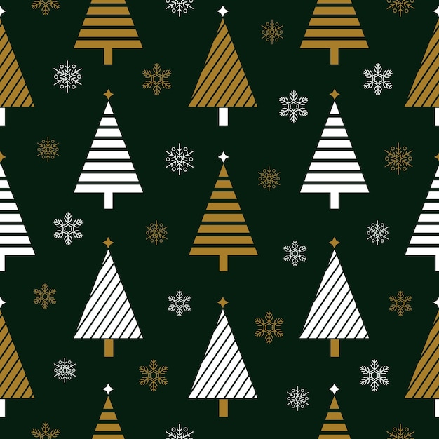 Navidad vectorial y patrón de año nuevo con nieve y árboles en colores blancos y dorados sobre fondo verde oscuro