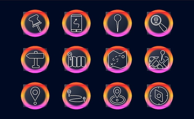 Navigation and map set icon Displays pin signpost folded map magnifier compass pointer phone route dotted path direction board and locationbased visuals
