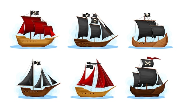 Navío o buque pirata con vela negra y roja y cráneo en el conjunto vectorial