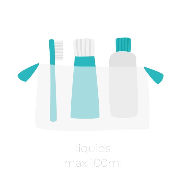 Neceser transparente con productos para el cuidado. que puedes llevar contigo de viaje. Conjunto de botella pequeña de viaje, en neceser transparente sobre fondo blanco. Ilustración vectorial.