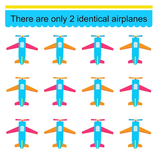 Necesidad de encontrar dos aviones idénticos Tarea para el desarrollo de la atención y la lógica Vector