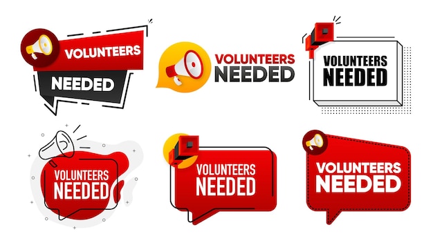 Se necesitan voluntarios Colección de etiquetas de megáfono con texto Mercadeo y promoción Ilustración vectorial