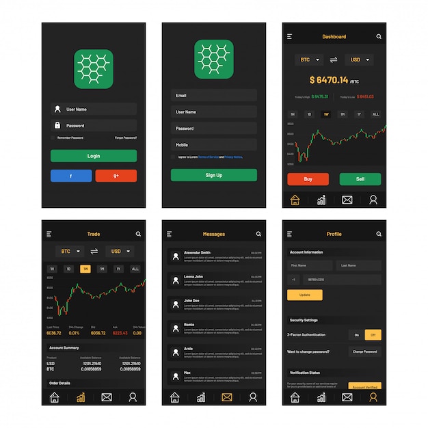 Vector negociación de criptomonedas e intercambio de ui para aplicaciones móviles.
