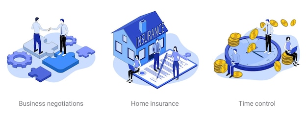 Vector negociaciones comerciales control de tiempo de seguros de hogar un conjunto de ilustraciones vectoriales sobre un tema comercial