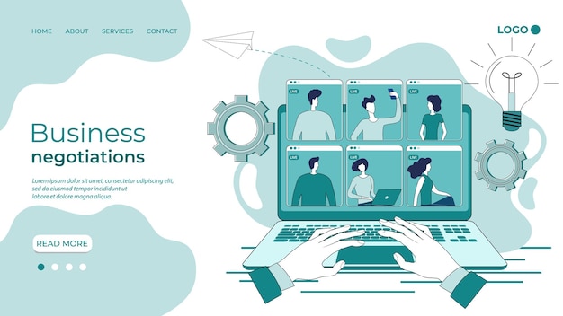 Vector negociaciones comerciales en línealas personas hablan entre sí a través de una videoconferencia usando una computadora portátil