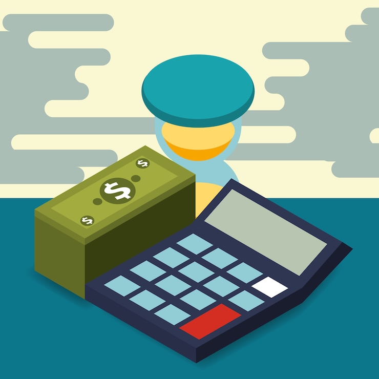 Vector negocio calculadora reloj de arena pila billetes dinero dinero isométrica