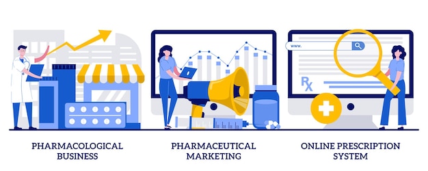 Negocio farmacológico, marketing farmacéutico, concepto de sistema de prescripción en línea con personas diminutas. desarrollo y promoción de servicios de internet farmacológicos conjunto de ilustraciones vectoriales abstractas.