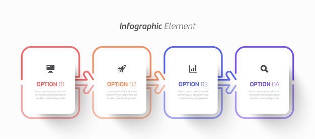 Vector negocio de infografía vectorial con icono de etiqueta rectangular de línea delgada y 4 opciones para presentación