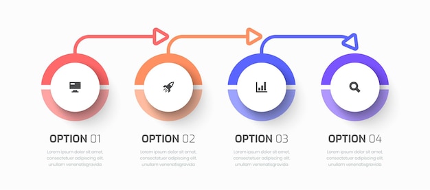 Vector negocio infográfico de línea de tiempo vectorial con icono de flechas de etiqueta circular y 4 opciones de presentación