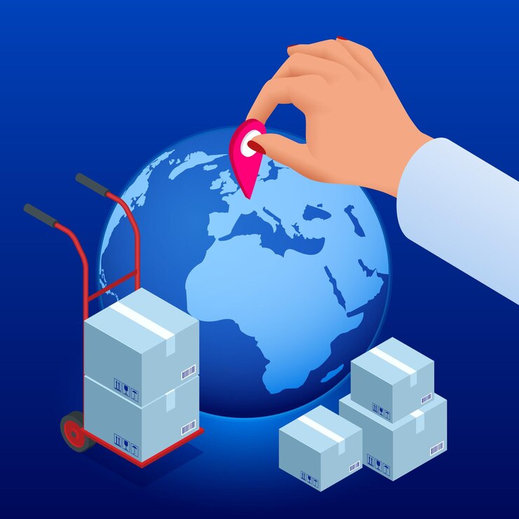 Vector negocio internacional red logística global envío y concepto de negocio de entrega en todo el mundo ilustración isométrica