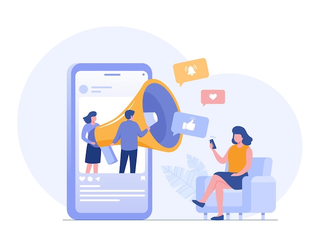 El negocio en línea de la estrategia viral de tendencia de marketing en redes sociales se inicia como hashtag y comenta el fondo de banner de ilustración de vector plano