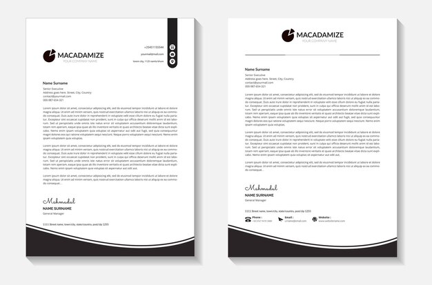 Negocio de membrete limpio y creativo negro con plantilla de diseño de membrete moderno corporativo