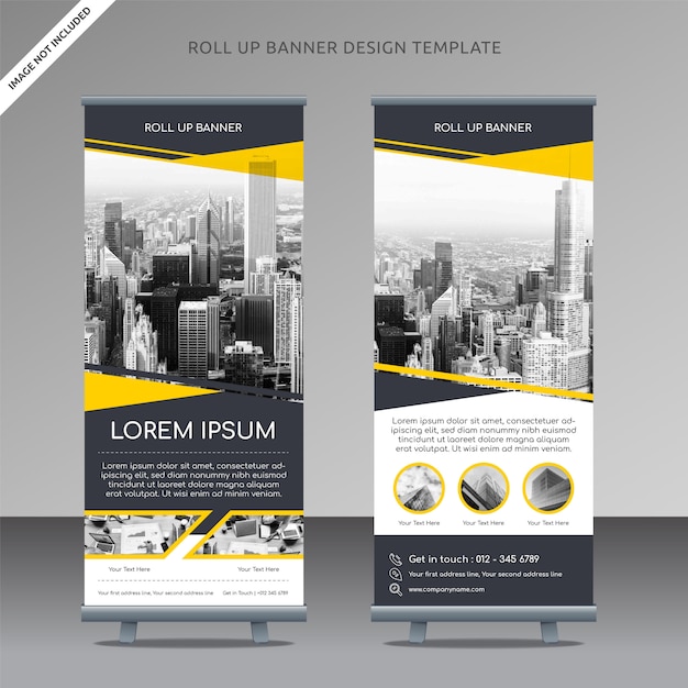 Negocio roll up banner template barra amarilla limpia, capa organizada