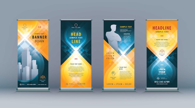 negocio roll up set standee diseño banner plantilla abstracto negro y amarillo geométrico infinito